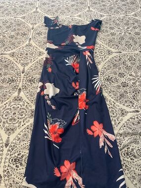 Navy Floral Maxi Dress with Red Blossoms Off the Shoulder